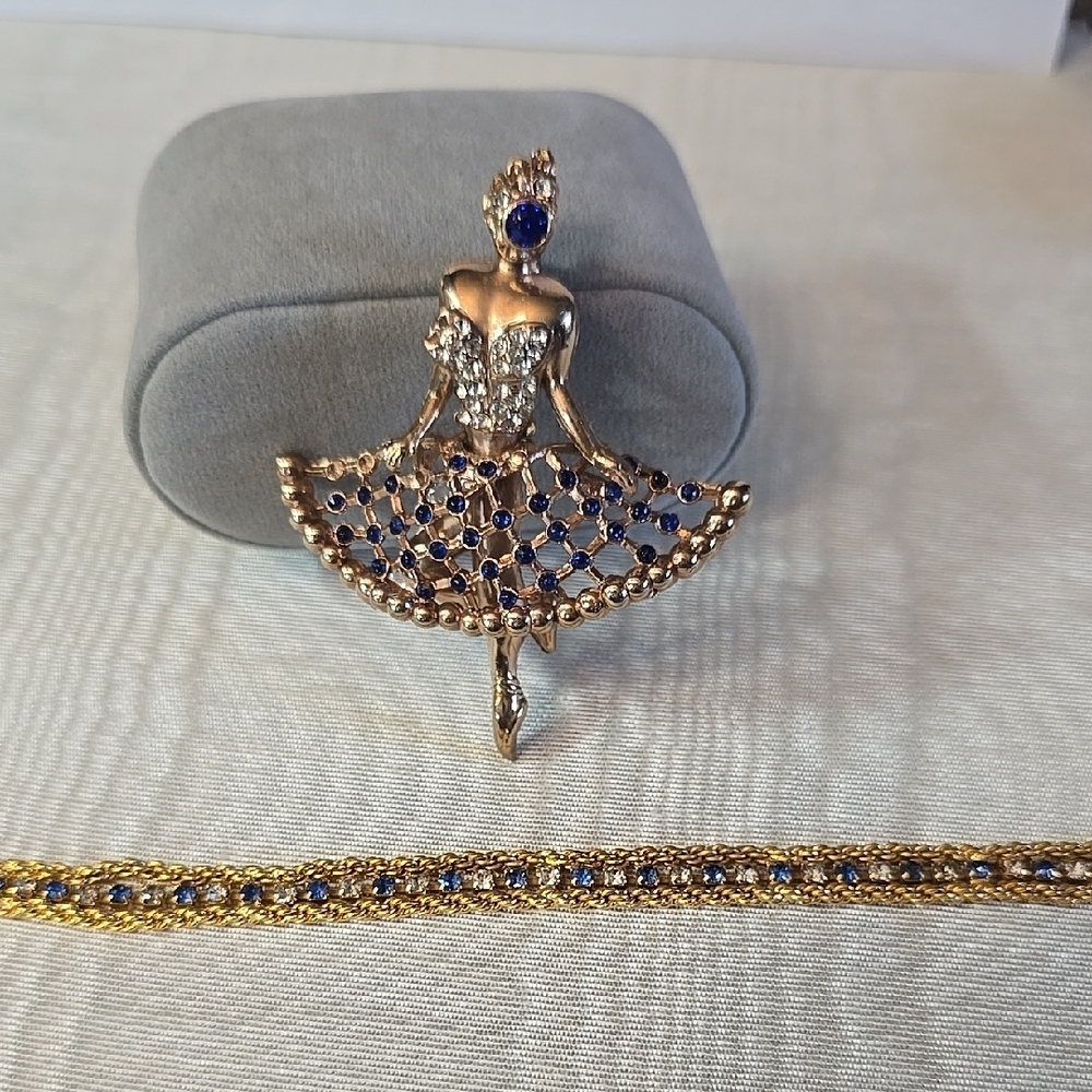 Gold and Blue Dancer Brooch Pin & Bracelet